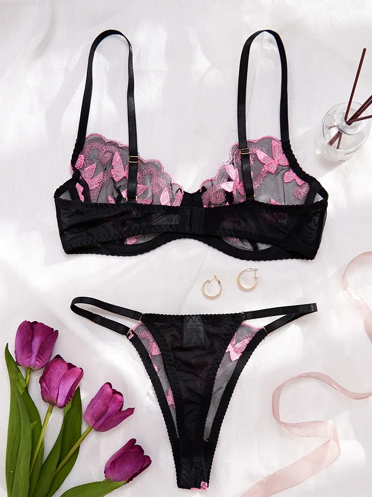 Sexy Bras for Women Thin Lingerie Set Fancy Erotic Lingerie Transparent Mesh Underwear Delicate Embroidery Bra and Underwear Set