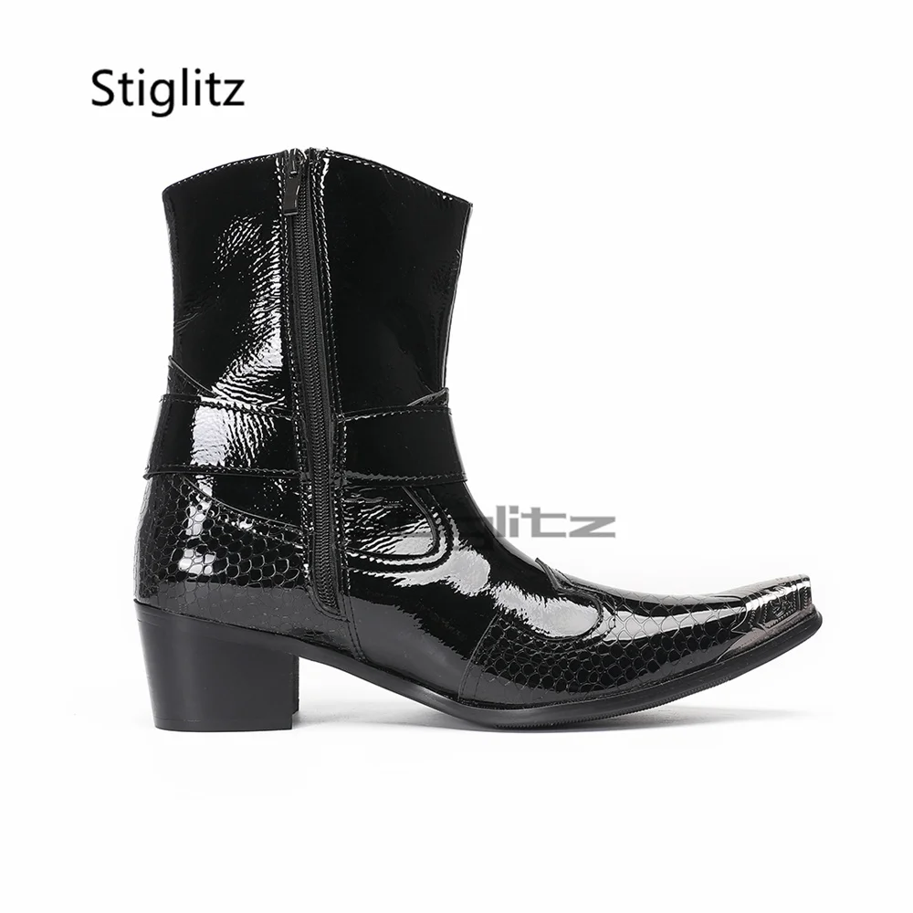 

Black Totem Cowboy Boots for Men Western Chelsea Boots High Heels Genuine Leather Patchwork Ankle Boots Metal Toe Male Shoes