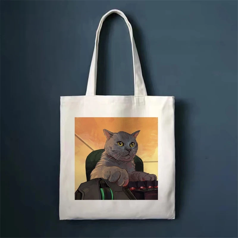 Funny Cat Ladies Shoulder Bag Fashion Large Capacity Eco-friendly Portable Shopping Bag Reusable Vintage Casual Canvas Tote