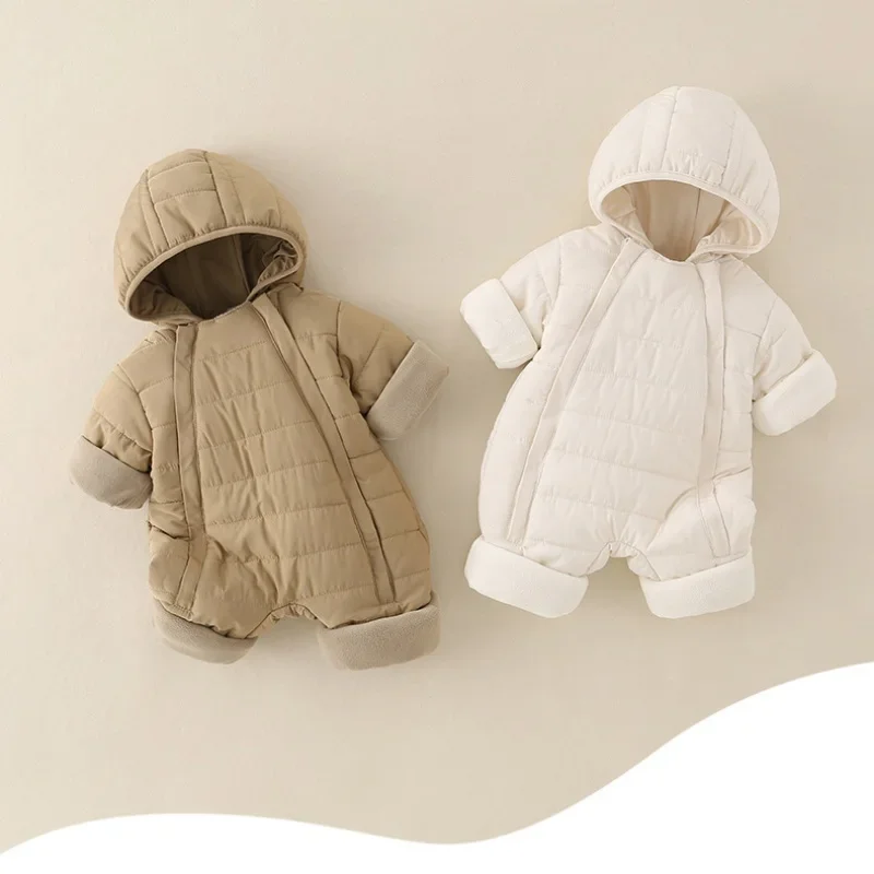 

Hooded Quilted Romper Neutral Color Zipper Jumpsuit Winter Baby Unisex Toddler 0-2Y Warm Outerwear