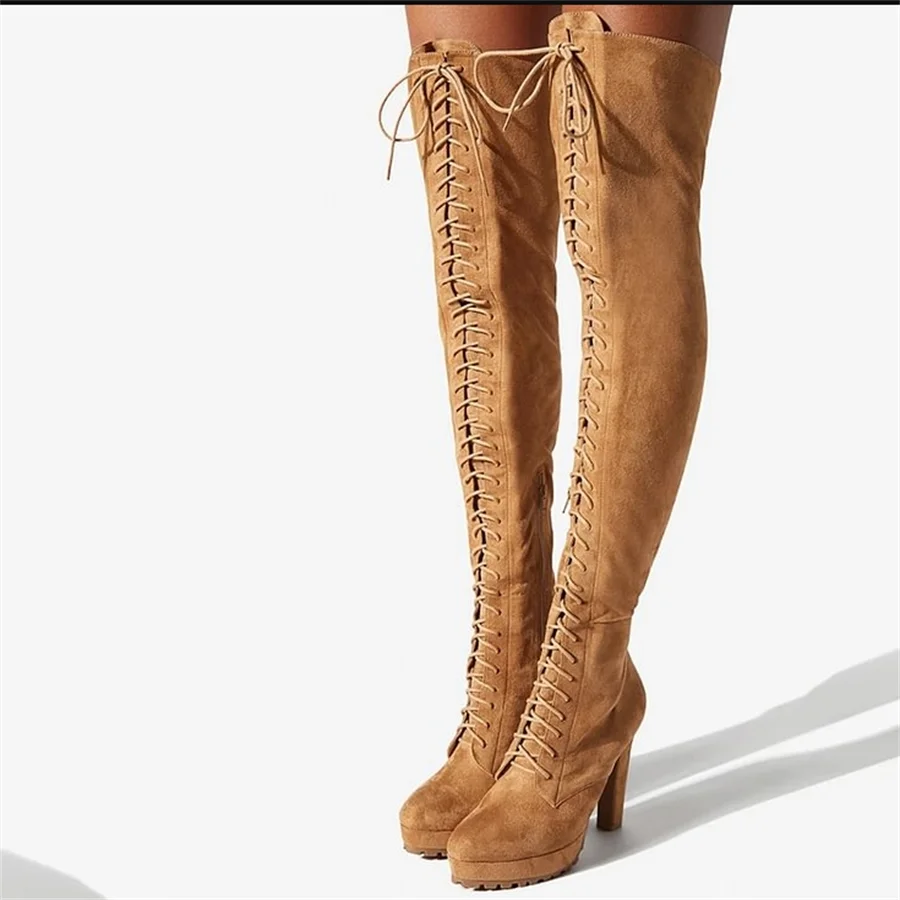 

Brown Vegan Suede Lace Up Thigh Platform Boots with Block Heels