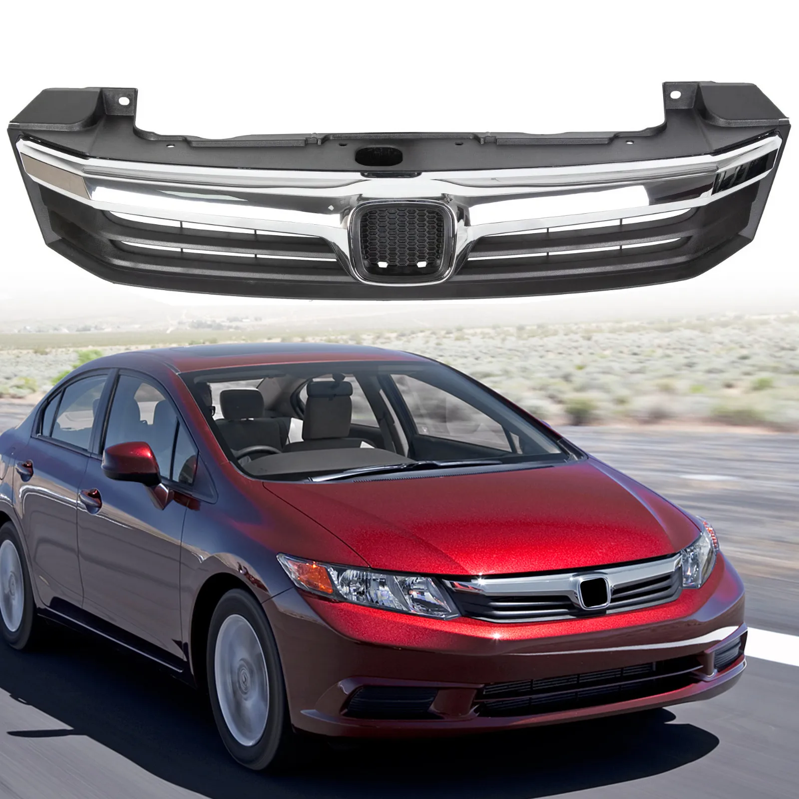 

For 2012 Honda Civic Sedan 12 Front Bumper Upper Grille W/Chrome Trim HO1200206