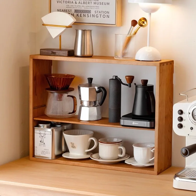 Scandinavian Solid Wood Double Layer RackWall Mounted Multi-Compartment Display Shelf Hanging Storage for Mugs Kitchen Organizer