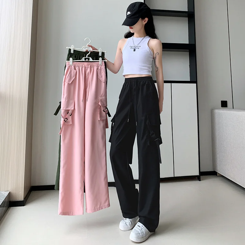 

NEW Streetwear Summer Cargo Pants Women Loose Multiple Pockets Straight Pants Young Lady Thin Elastic-waist Casual Trousers Pink