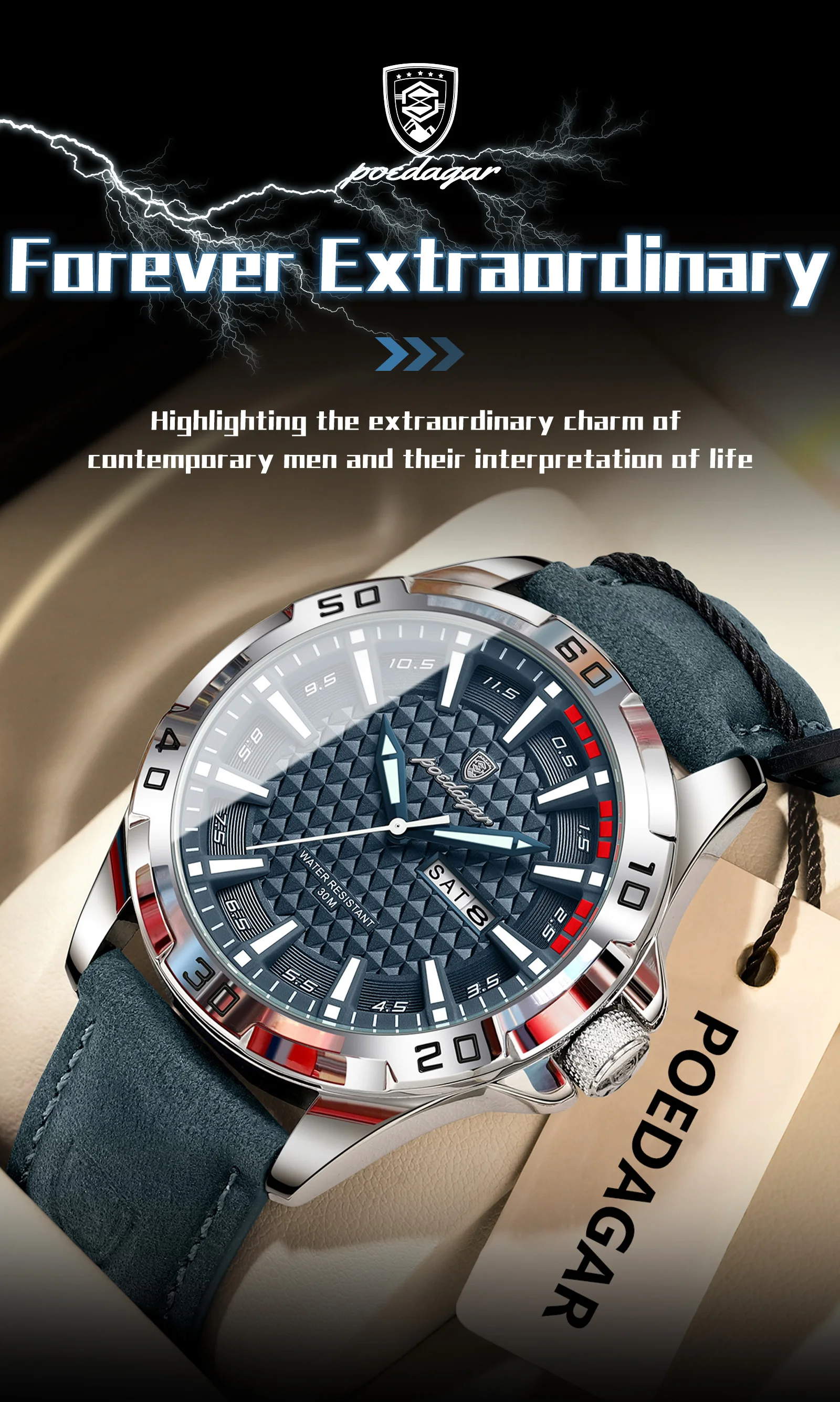 POEDAGAR Original Männer Uhr Luxus Wasserdicht Leucht Datum Woche Uhr Für Mann Quarz Leder Mode herren Uhren Reloj Hombre – Detail 18