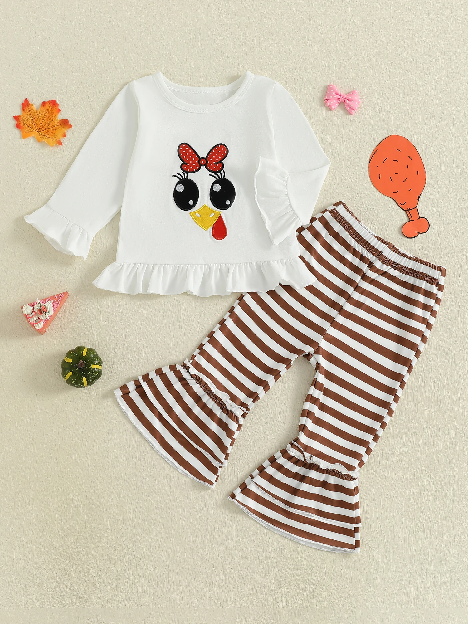 

Наряд на День Благодарения для девочек: комплект из топа с длинными рукавами и вышивкой в Турции и полосатые брюки с круглым вырезом для осеннего отдыха