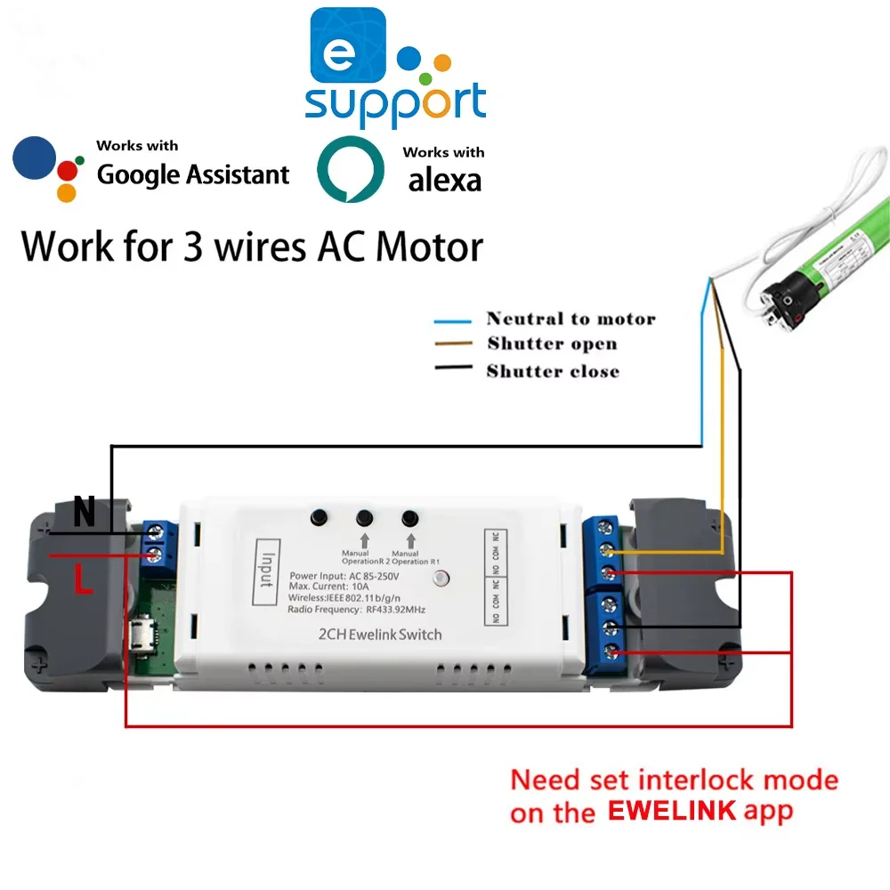 

eWelink Wifi Smart Switch Relay Circuit Breaker AC 85-250V DC 7-32V ON Off RF 433MHz Inching Self-locking Module For Alexa
