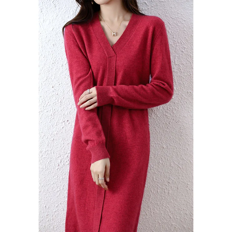 New Ladies Cashmere Dress V Neck Long Sleeve Knit Fashion Elegant Long Sweater Solid Color Pullover Women 100% Wool Dress