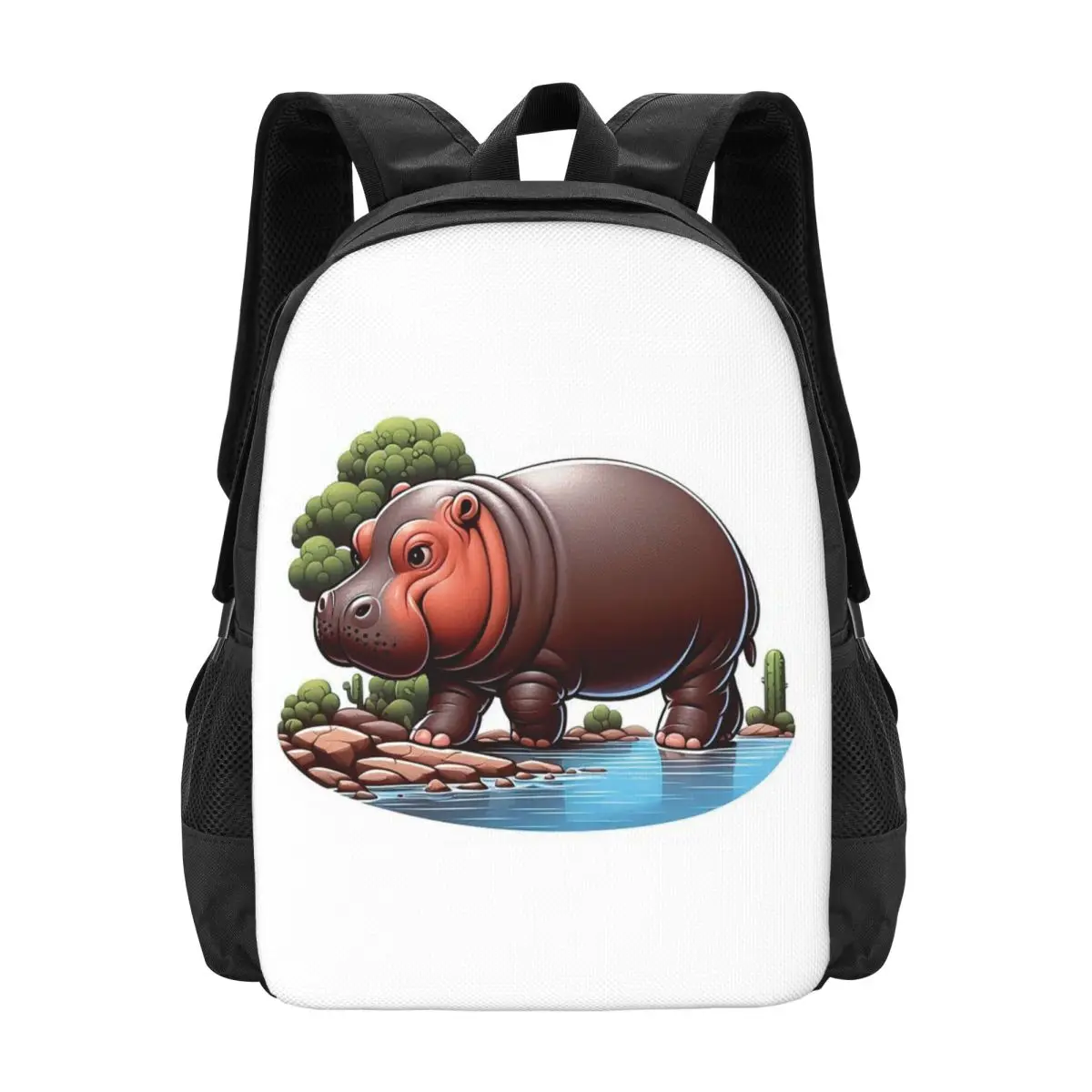 

A Pygmy Hippopotamus Strolling By The River Backpack Hot Sale Daypack Boys Girls BookBag School Bag Shoulder Bags for Men Women