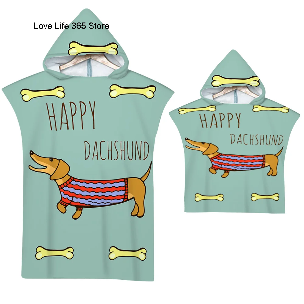 Sevimli köpek mikrofiber plaj havlusu hızlı kuru kapşonlu pelerin Wetsuit havlu yetişkin çocuklar ebeveyn-çocuk panço bornoz yüzmek için sörf