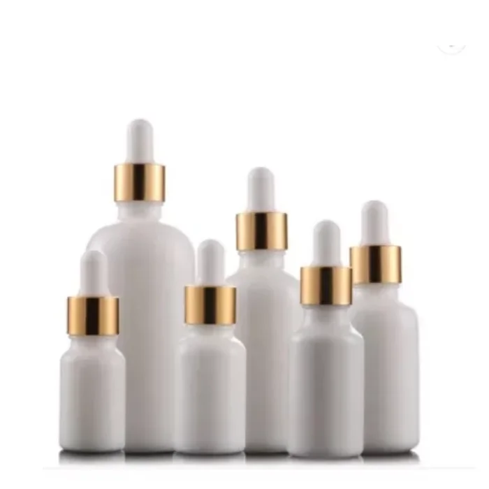 

custom logo 30ml White Matte Glass Dropper Bottle with Gold Shiny lid with screen printing and package