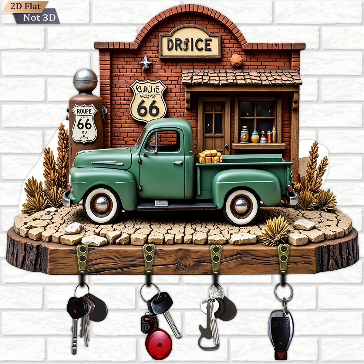 2D Flat, 1pc, Route 66 Retro Truck Key Hook Wooden Multifunctional Home Key Holder with Four Metal Hooks, Wall Decoration,