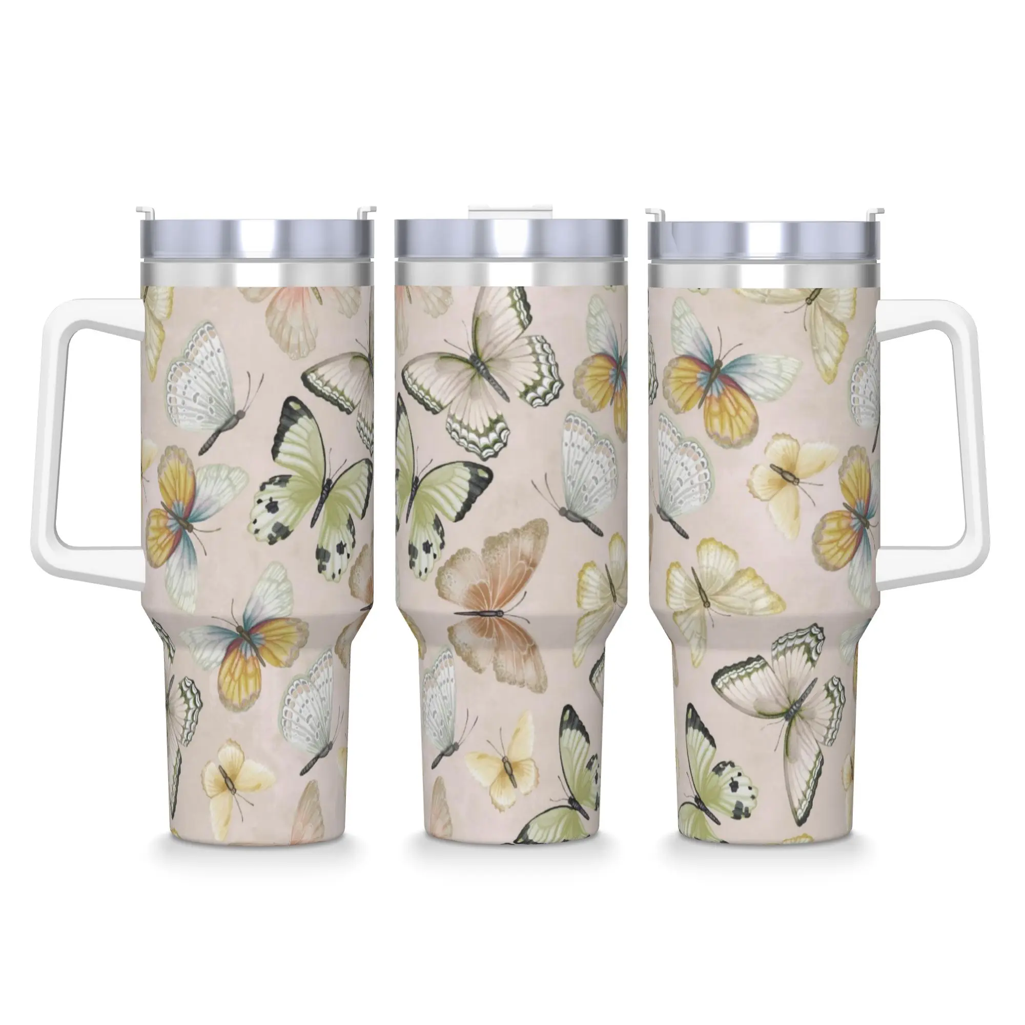 Stainless Steel Tumbler Rural flowers Car Mugs With Straws Butterfly Travel Cold and Hot Water Capacity Thermal Cups