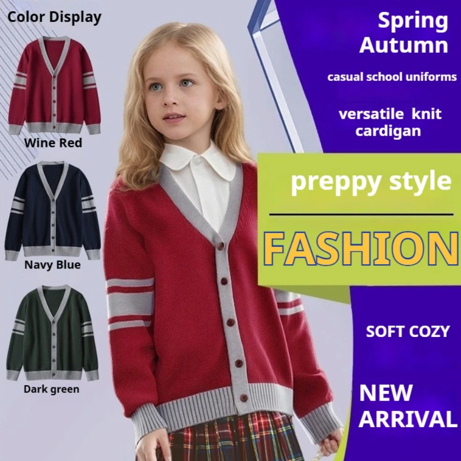 

Teens Kids Cardigan Cotton V-Neck Knitwear Spring/Autumn Sweater Preppy Style Boys Girls Top Clothes Casual Versatile Outerwear