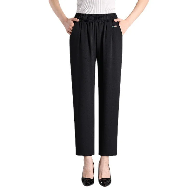 Calças Casuais de Aodão e Linho de Cintura Alta, Finas, Elásticas, com Pernas Retas, Estilo Mãe, Calças Longas de Nove Pont...