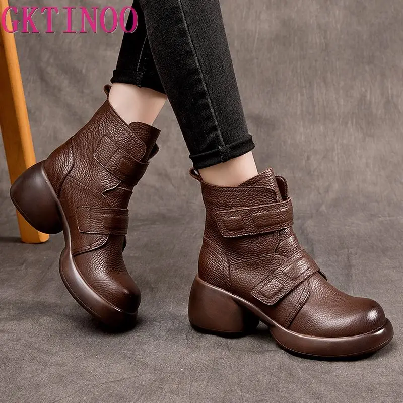 GKTINOO 2024 Fashion Women Thick Heel Ankle Boots Autumn Winter Warm Shoes High Quality Genuine Leather Chunky Platform Boots