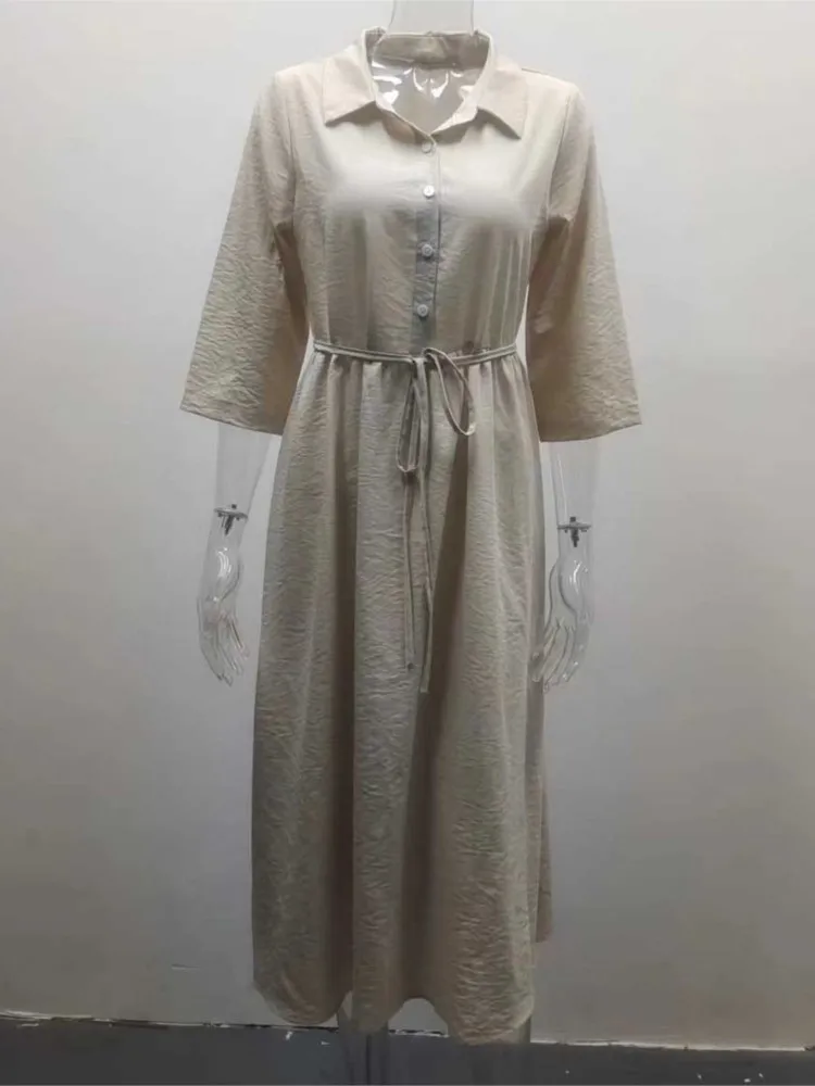 المرأة الترفيه قميص ميدي فستان ربيع الموضة بلون الوجه طوق فساتين فضفاضة السيدات الصيف نصف كم الدانتيل متابعة Vestidos