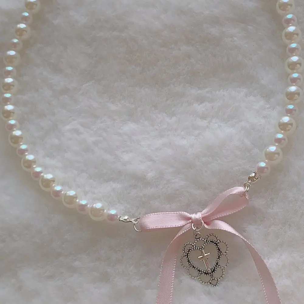 French Metal Y2K Heart Romantic Sweet Bowknot Pendant Clavicle Chain Harajuku Bow Love Cross Jewelry