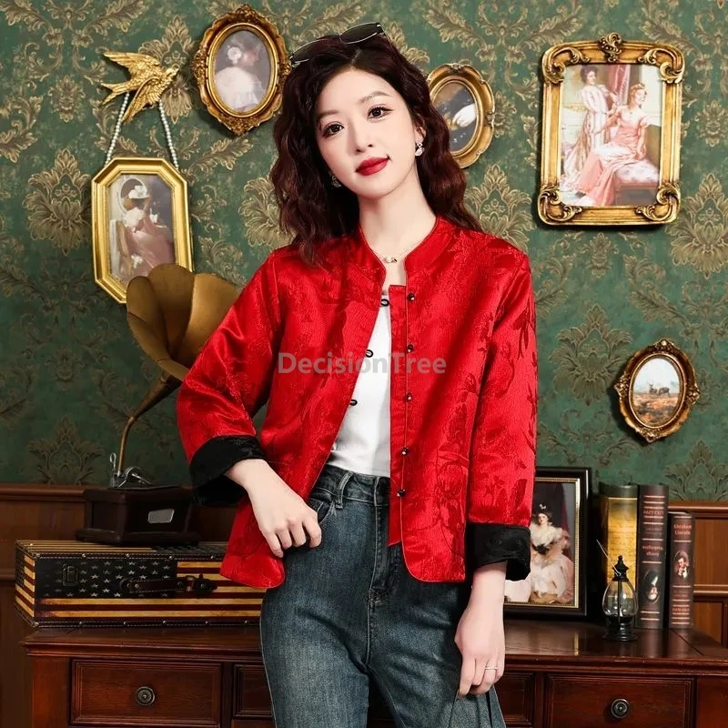 

Spring Classical reversible jacquard chinese style tang suit top red black stand collar disc buckle coat daily leisure coat