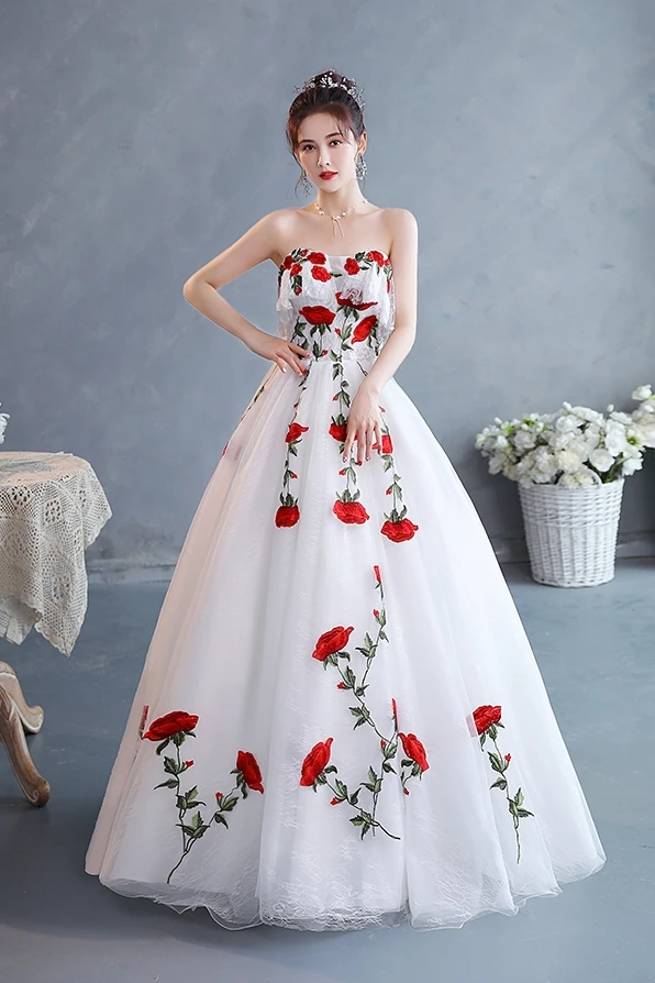 white with rose embroidery medieval dress princess Renaissance Gown Victorian/Marie/ Belle Ball/ball gown