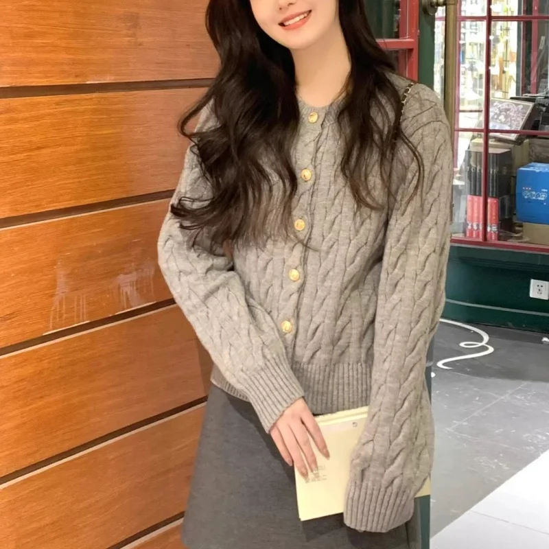 2024 Vintage Long Sleeve Cardigan Women Sweater O-neck Elegant Knitted Top Fashion Autumn Grey Knitwear