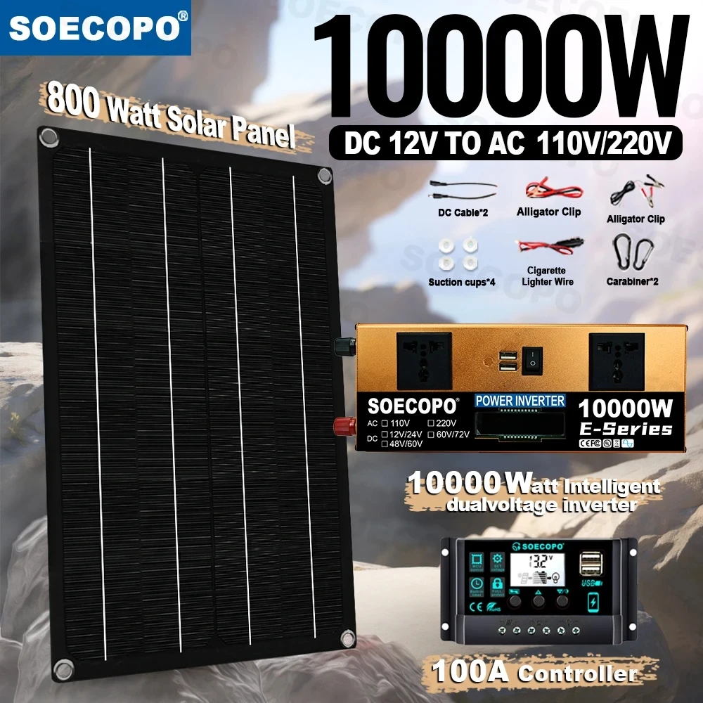 

10000W Solar Power Station 800W Solar Panel 100A Controller 12V/24V to 110V/220V AC with Alligator Clips for Off Grid Energy CE
