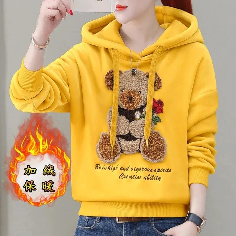 2024 Autumn Winter New Golden Velvet Hooded Sweatshirt Women\'s Thickened Double Sided Velvet Top Embroidered Loose Coat Female