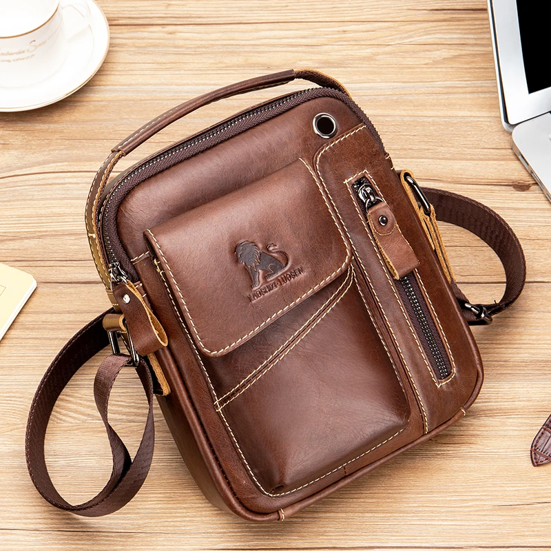 Men\'s leather shoulder bag, multifunctional and high-capacity cowhide crossbody bag, handbag