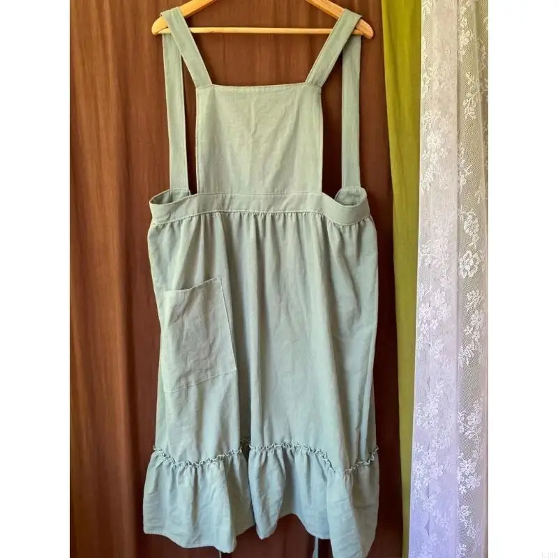 L38E Classical Cotton Linen Long Ruffle Apron with Pockets for Homemakers And Artists