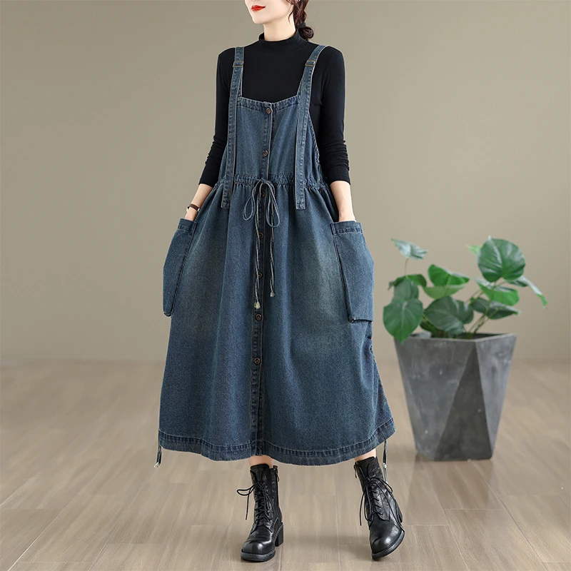 Washed Denim Casual Large Size Halter Dress Women High Waist Cotton 100% Four Seasons Universal Pear Shape Fitting Dress