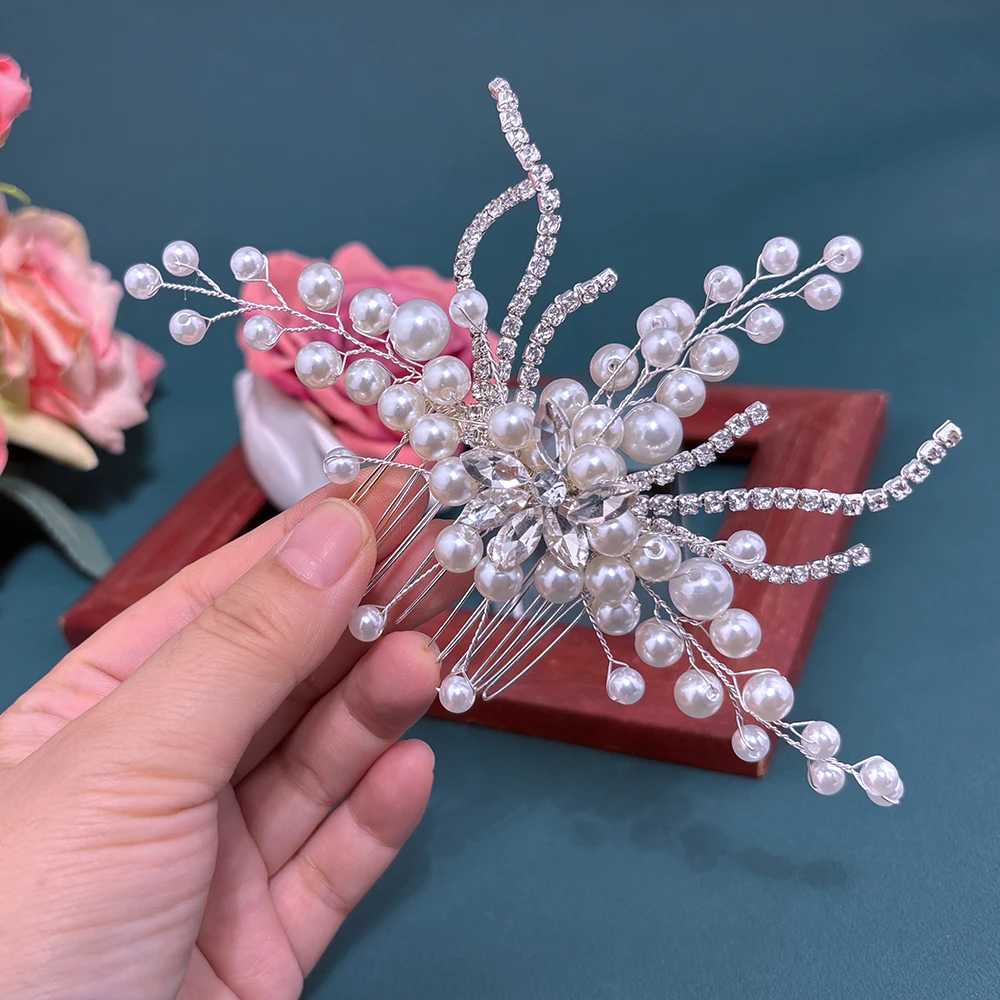 

DZ288 Silver Wedding Accessories Hair Clips Jewelry Pearl Headdress Rhinestone Flower Hair Clip Pins Headpiece for Women Tiara