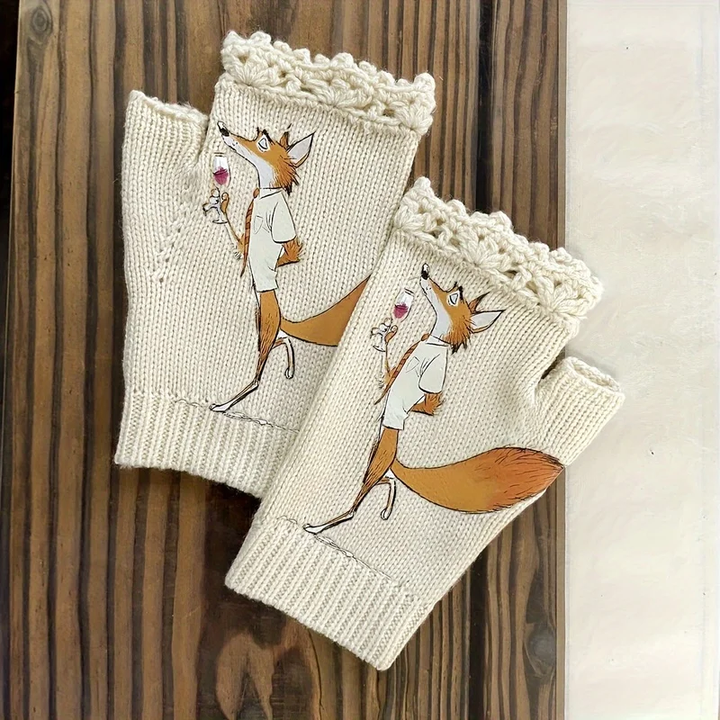Drinking Fox Print Fingerless Gloves for Women, Autumn/winter Warm and Cold-proof  Hand-crocheted Edges