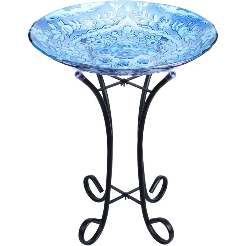 Outdoor Glass Birdbath with Metal Stand for Lawn Yard Garden Decor,18” Dia/21.65 Height