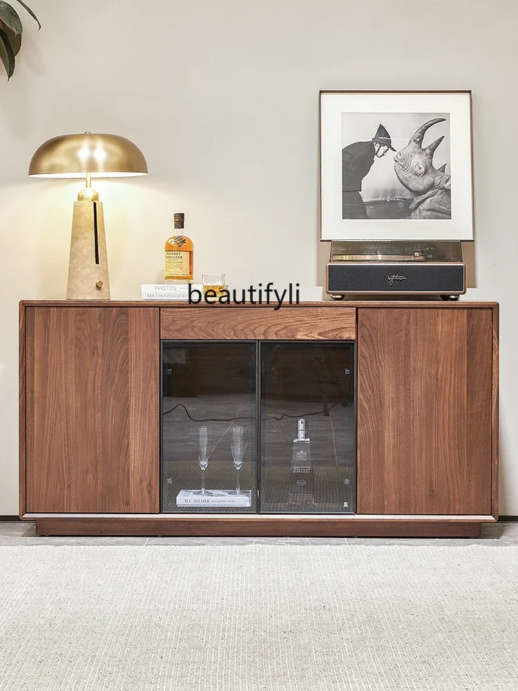 North America Black Walnut Wood Sideboard Cabinet Living Room Storage Cabinet Wall Integrated Storage Home Side Cabinet