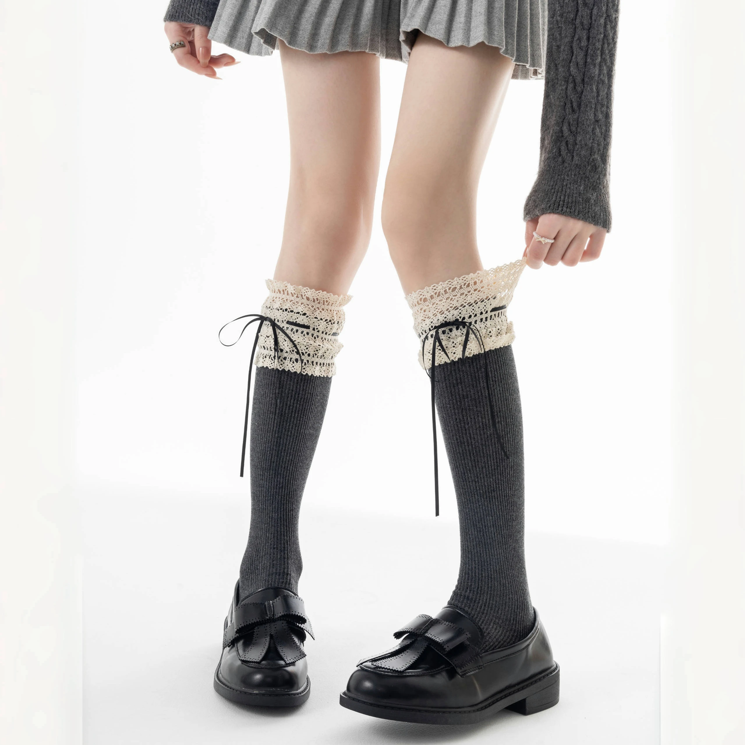 Lolita Kawaii Knee Socks Stockings Ballet Style Ribbon Bow Lace Frilly Socks Japanese JK Sweet Girls Calf Socks Women Stockings