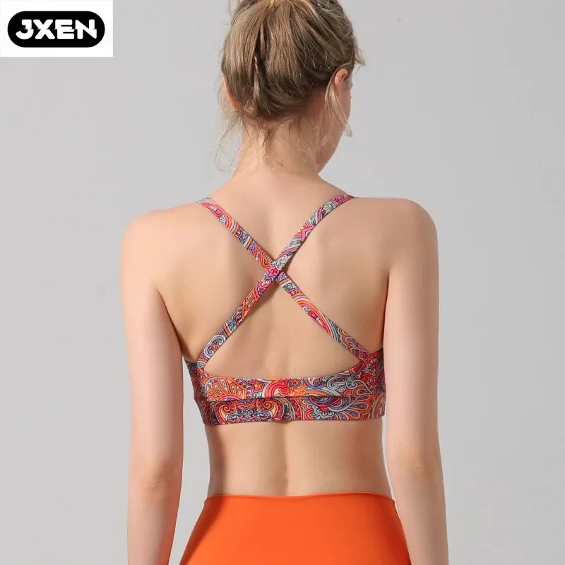 Terno de ioga impresso JXEN para mulheres, crop top, à prova de choque, beleza sutiã pad, esporte