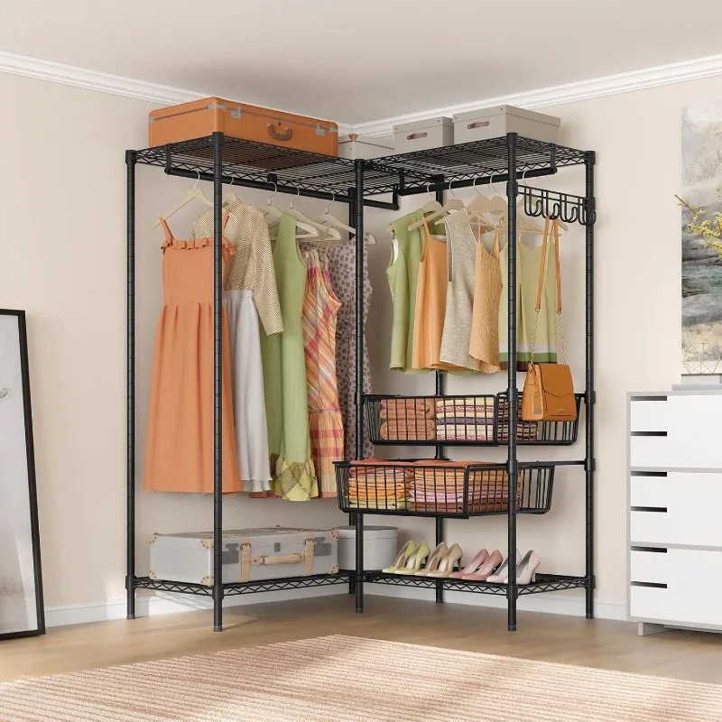 Modern Clothing Rack for Hanging Clothes, L Shaped Garment Rack with Slide Baskets & Adjustable Shelves Metal Clothing Rack