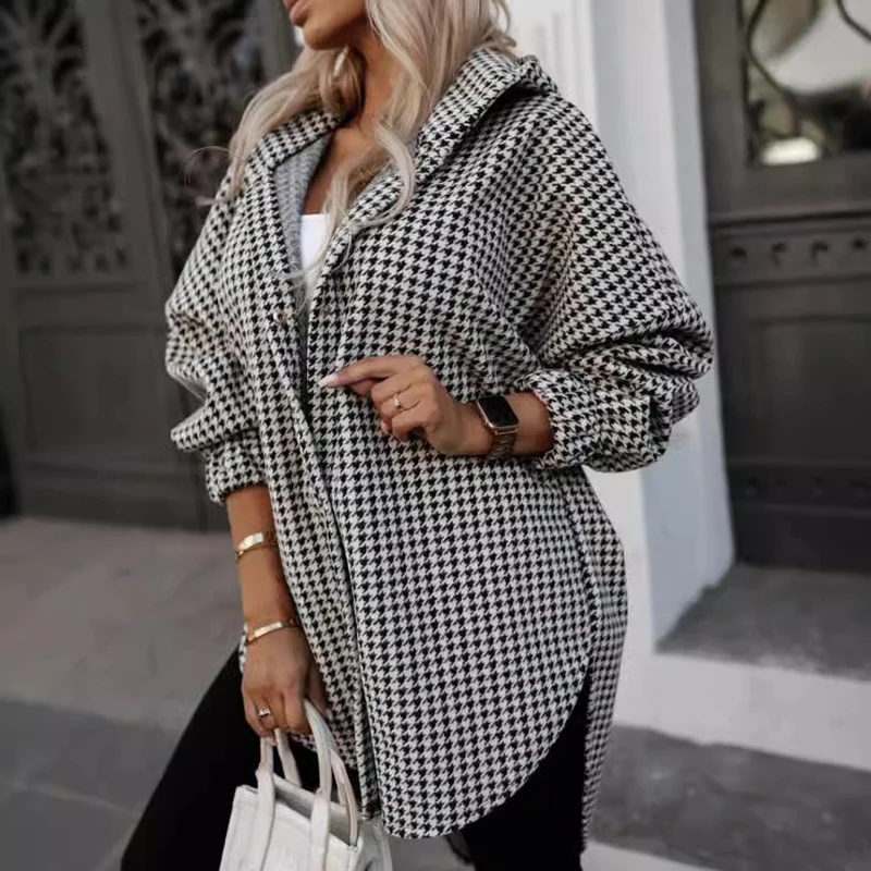 Winter Fashion Thousand Bird Grid Hooded Coat Casual Streetwear Long Sleeve Cardigan Office Vintage Single Breasted Loose Jacket