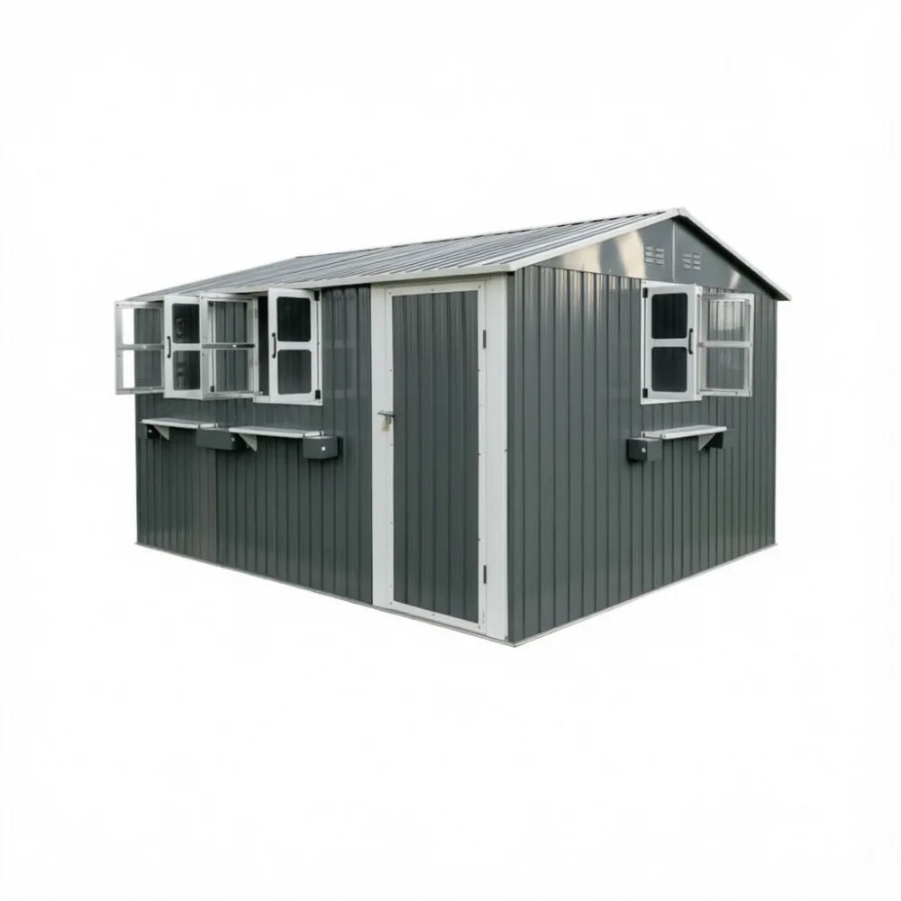 12X10 FT Outdoor Metal Storage Shed with 3 Clear Windows & Decorative Flower Rack, Lockable Single Door Tool Shed, Heavy Duty Waterproof Weatherproof Garden Shed for Backyard Patio Yard,  Brown Black