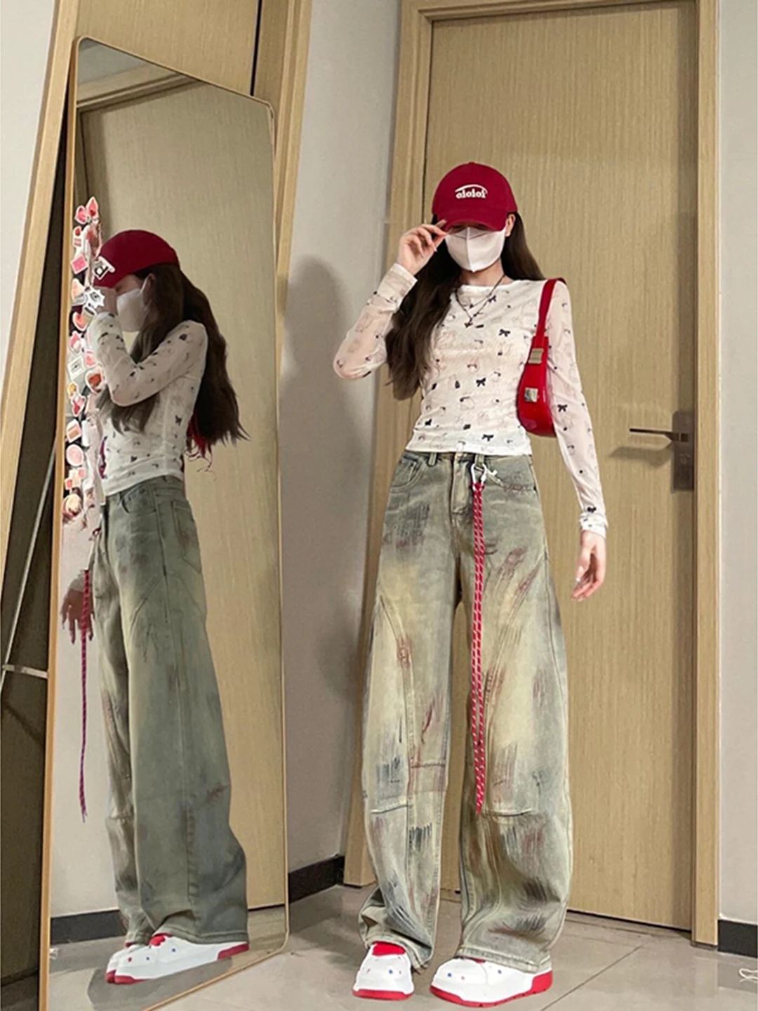 

Джинсы-ножи в стиле ретро, американские джинсы с высокой талией, свободная рабочая одежда, широкие брюки с косой, женские осенние дизайнерские брюки