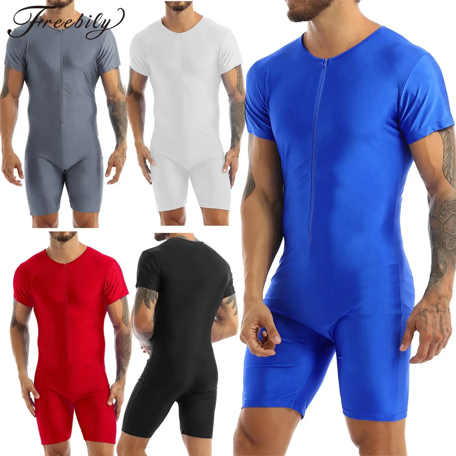 Mens One-piece Short Sleeve Front Zipper Boxer Briefs Fitness Bodysuit Leotard Underwear for Male Swimsuit Gymnastics Jumpsuit