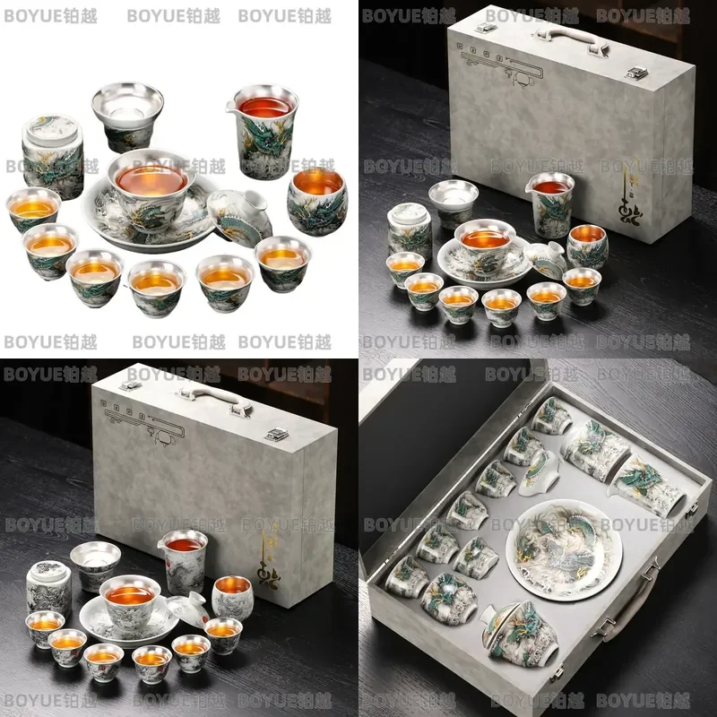 tea set, household handmade silver painting, health care light luxury gift ceramic tea cup set