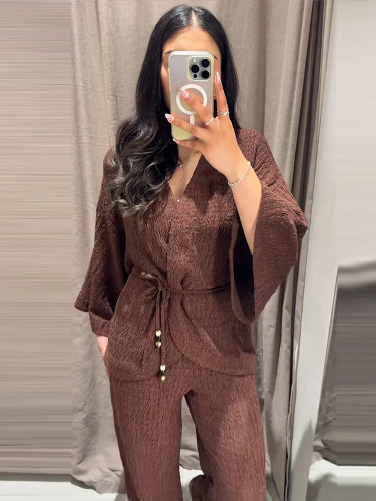 Chic Texture Women's Shirt Trouser Suits Long Sleeve V-Neck Lace-Up Wide Leg Pants Lady Set 2026 Summer Autumn Set Women New