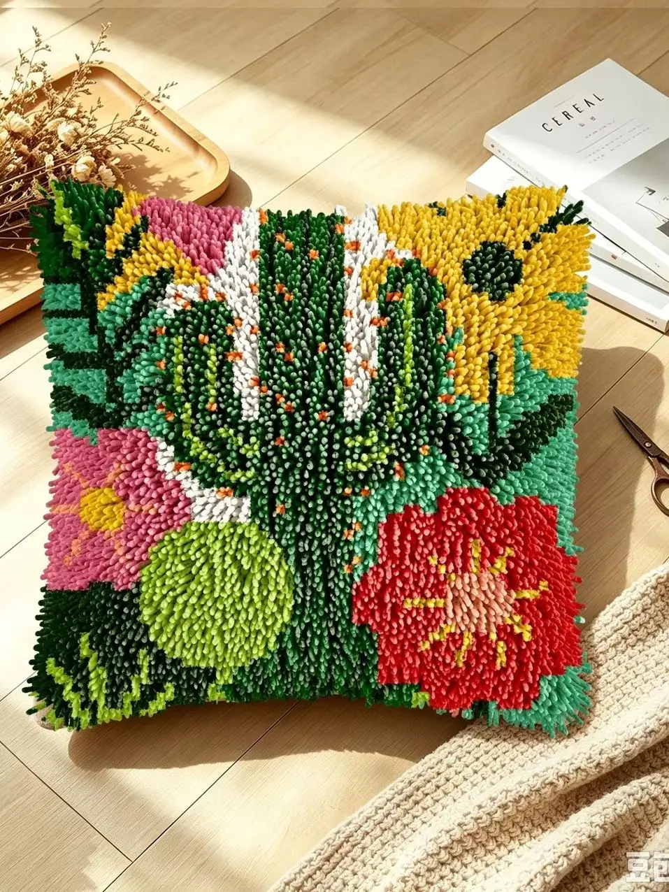 1 Set Kaktusblumen-Knoten-Kissen-Set mit Häkelnadel, Kissenbezug-Set für Handarbeiten, Häkelnadel-Sets, DIY, anfängerfreundlich, Stickerei – Detail 1