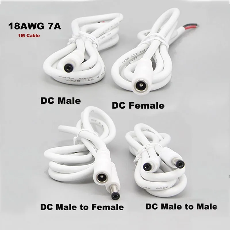 white 1m 2pin wire DC Male Female to male female Power Supply Connector 5v 12v 24v extension Cable 5.5x2.1 18awg 7A For Strip P2