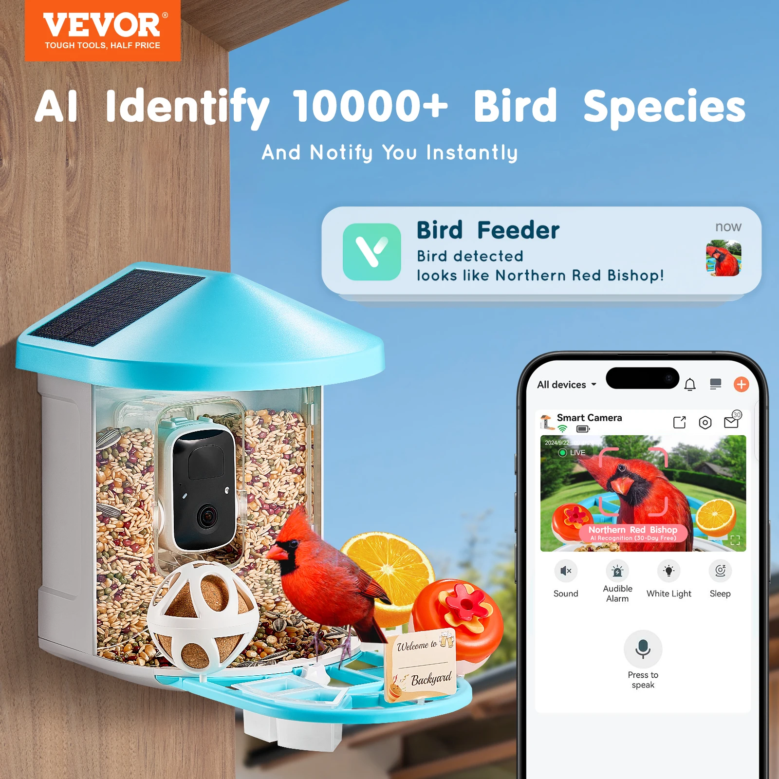 VEVOR Smart Bird Feeder with Camera 2K HD AI Identify 10000+ Bird Species Solar-Powered Bird Watching Camera with Auto Capture