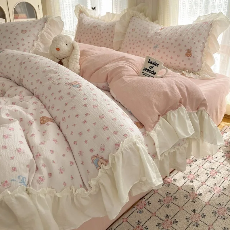 Girly Heart Ins Style Cloud-Like Double-Layer Gauze Bedding Set - Korean-Style Lace Pastoral 4-Piece/3-Piece Sheet & Duvet Cover