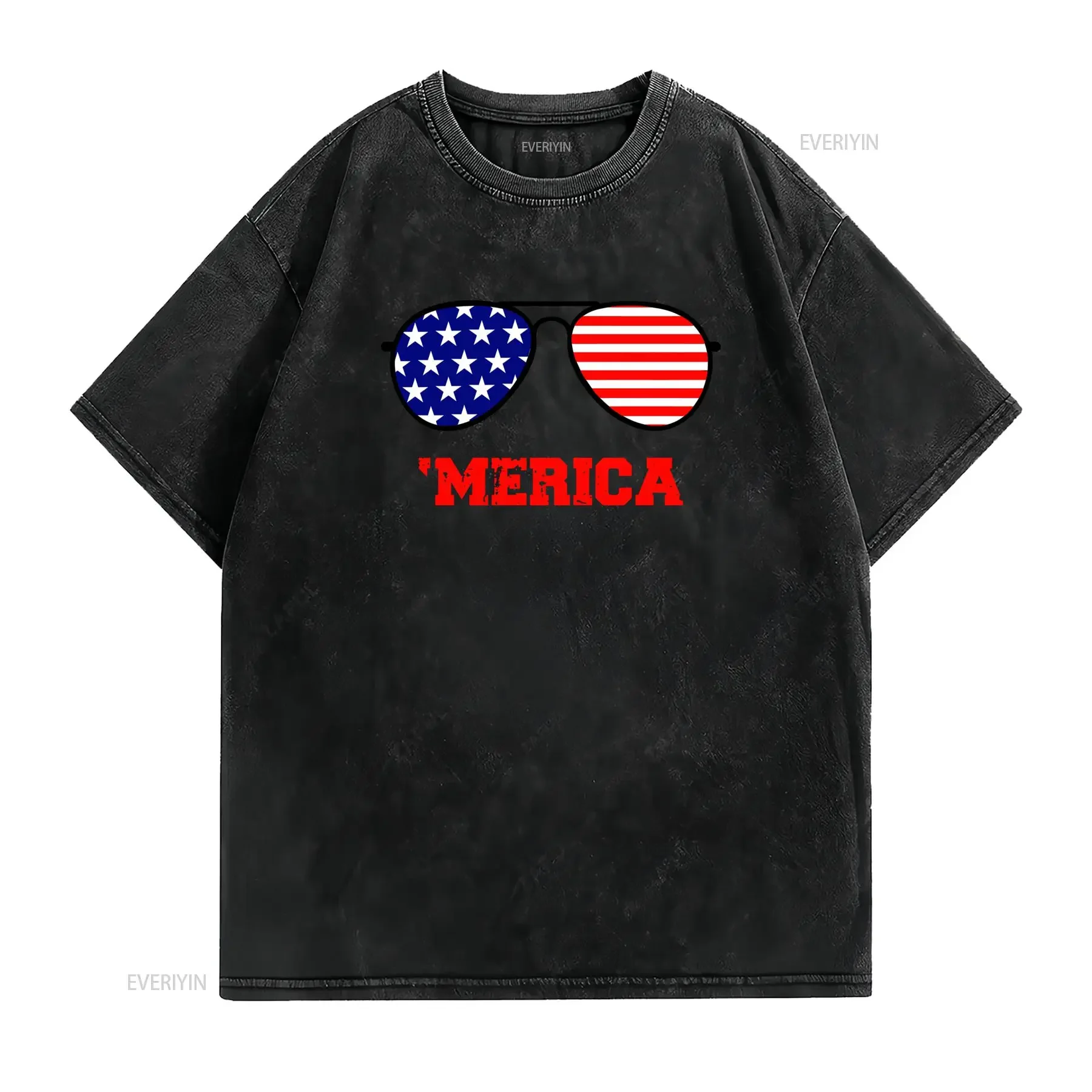 Patriotic 'Merica American Flag Sunglasses Print Streetwear Casual T Shirt vintage Washed Breathable Stretched streetwear