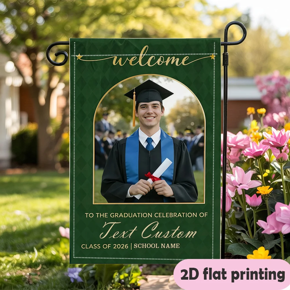 Garden flag custom Name Photo And School Name Green Gold Arch Frame Suitable for graduate activity decoration