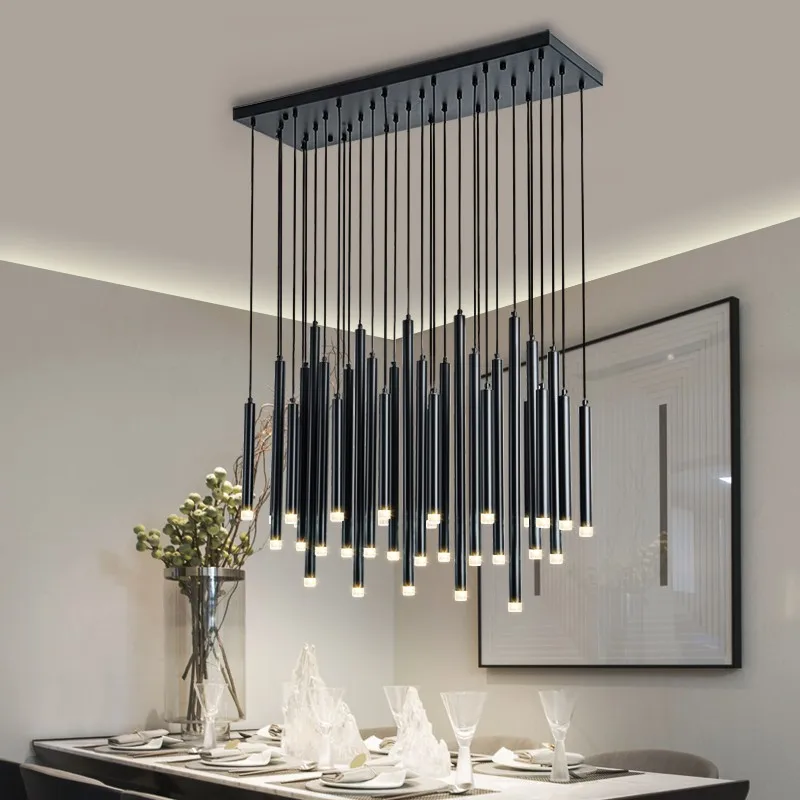 Candelabro nórdico para comedor, lámpara de Villa de lujo, moderna, minimalista, cilíndrica, larga, luz colgante para mesa de comedor